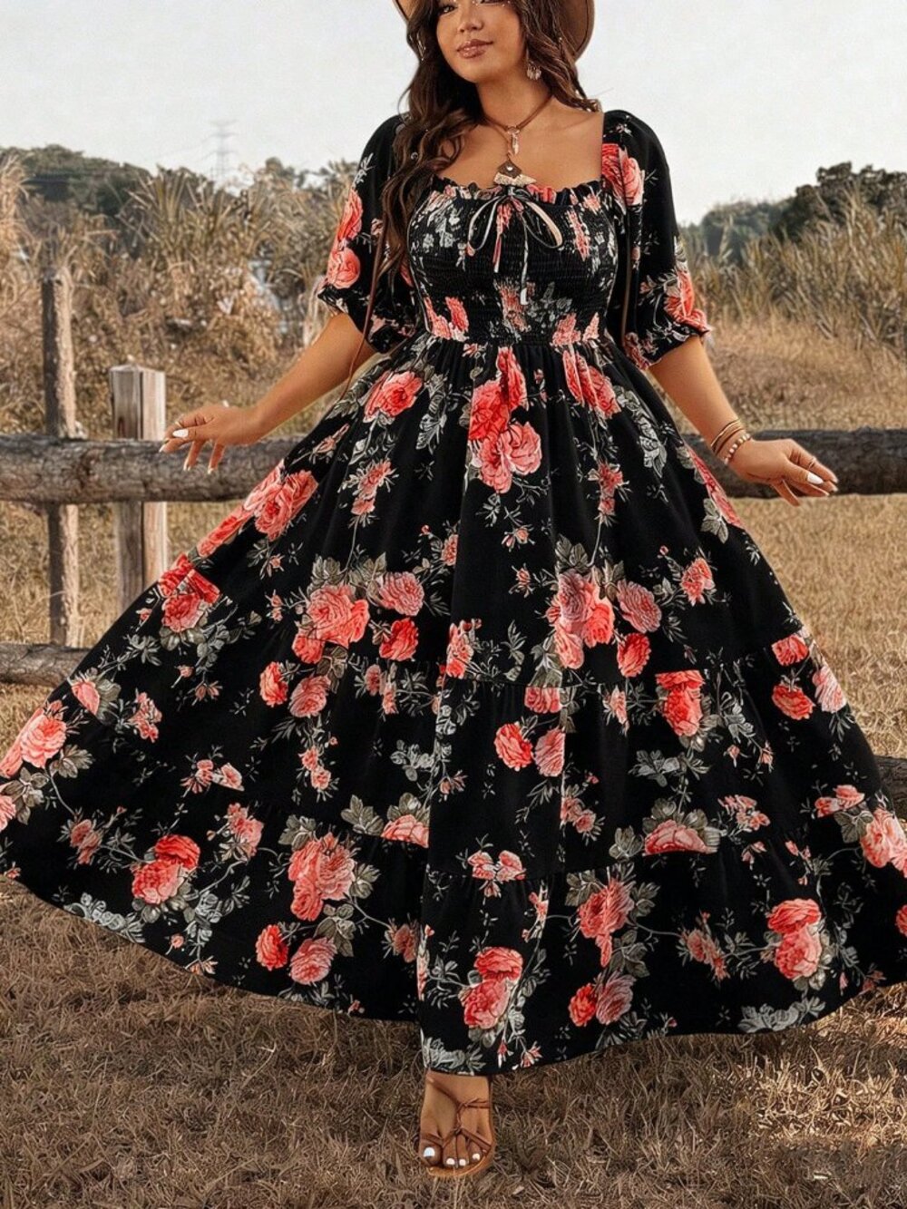 Black Boho Women's short Sleeve floral A-Line Maxi Dress - Picture 6 of 7